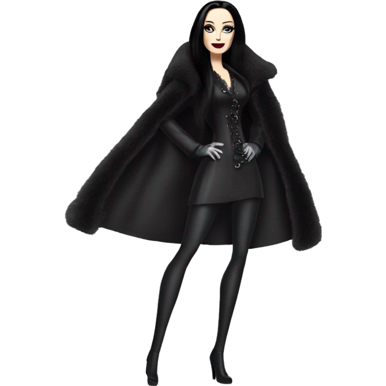 Dazzling Winter Barbie Morticia Addams .  Wearing coat gloves boots  emoji