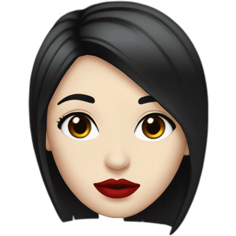 straight black hair,red lipstick,black eyes, white skin and a small nose emoji