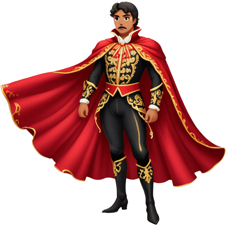 Spanish Matador – Cinematic Realistic Spanish Matador, portrayed in an ornate traje de luces with a flowing red cape, standing poised in a classic bullring with swirling dust and dramatic light, his intense expression and elegant stance capturing both bravery and artistry. emoji