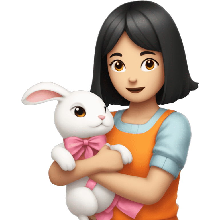 Black Short haired white girl hugging orange rabbit with pink ribbon emoji