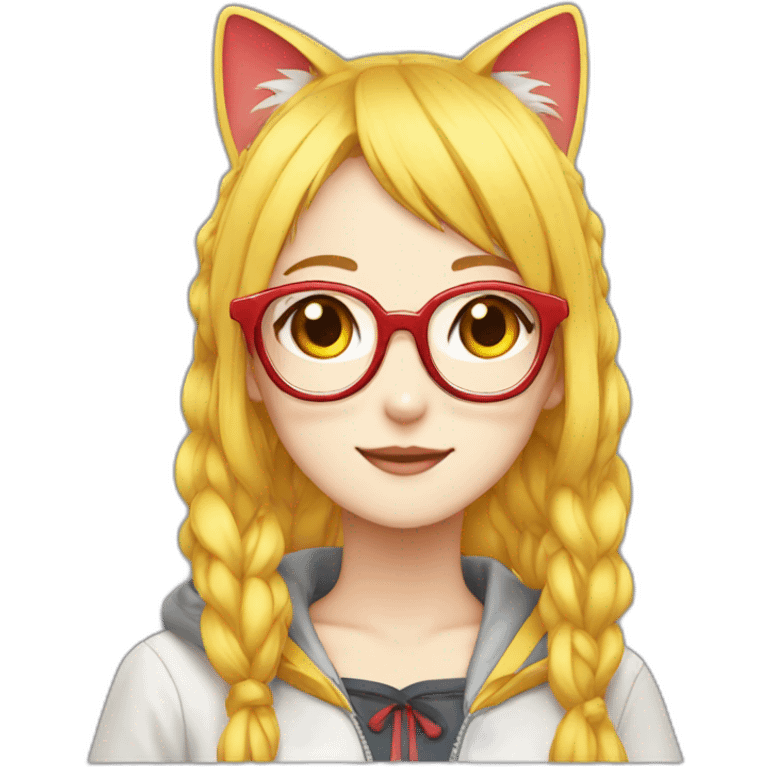 anime girl with yellow hair, red glasses, cat ear, idol costume emoji