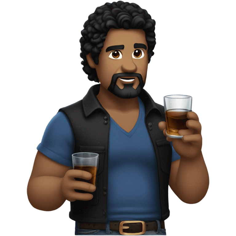 julian trailer park boys (bulky man with white skin, with longer black hair, a black goatee, a black shirt, blue jeans, blue eyes, and a shot glass of whiskey) emoji