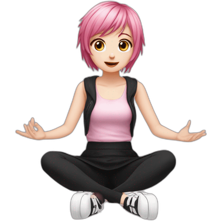 Full body Front view curvy emo girl pink hair sits on the floor straight view hands up black skirt белые трусики полосатые рваные чулки emoji