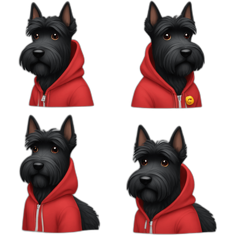 A fluffy black Scottish terrier dog wearing a red hoodie emoji