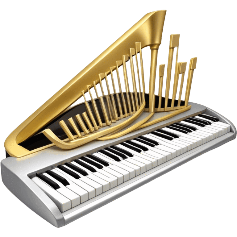 Create an elegant and festive emoji collage representing keyboard instruments, styled like a heraldic emblem. The design should feature a central focal point of black and white piano keys, arranged in a semi-circular or shield-like shape. Around the piano keys, add intertwining musical notes that form flowing ribbons, creating a dynamic and celebratory atmosphere. The design should be professional, with polished silver and gold accents on the keys and notes, highlighting the luxury and sophistication of the instruments. Add subtle shading and lighting effects to give the design a refined, 3D appearance. The background should remain transparent, and the overall feel should evoke grandeur, artistry, and a sense of celebration. emoji