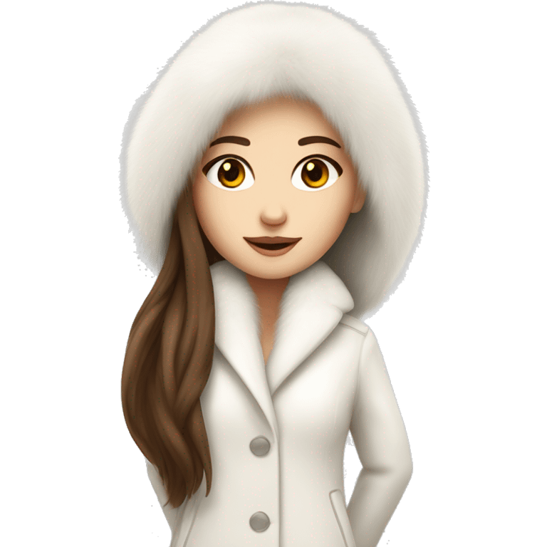 Beautiful white girl with straight brown long hair in white fur-coat emoji