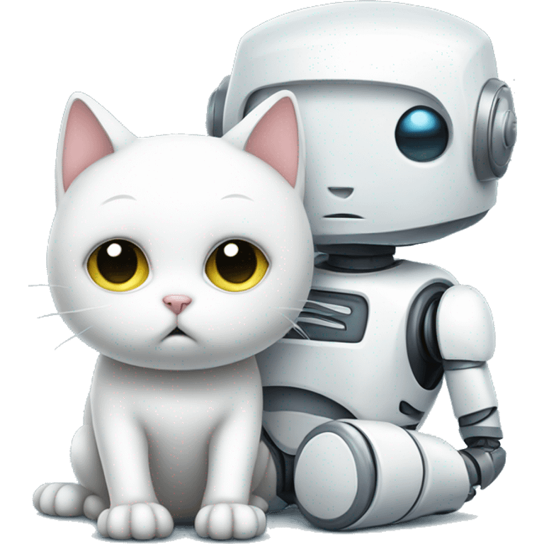 Sad robot beside white kitten emoji