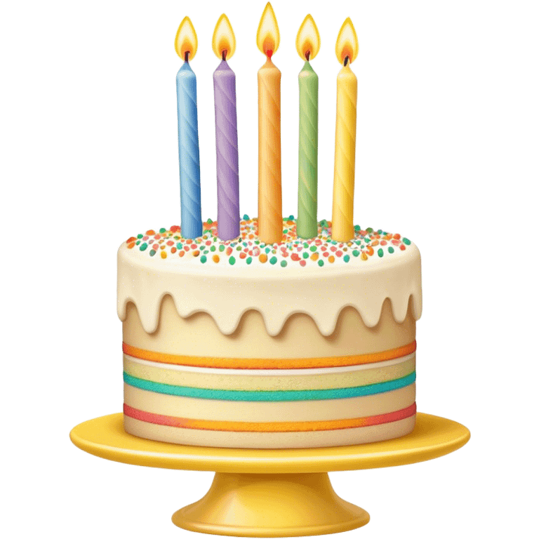 Layered, detailed beige and white vanilla birthday cake with candles and rainbow sprinkles, on a yellow cake stand emoji