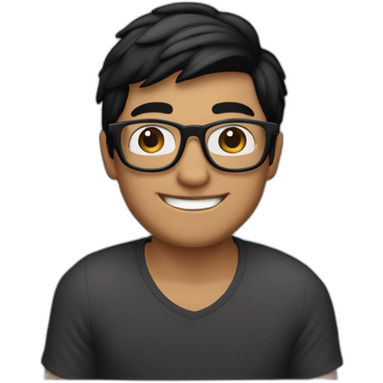 an apple memoji style emoji of a young man in transparent glasses with medium black hair and a smile on his face with a laptop in front of him. Laptop should be visible emoji