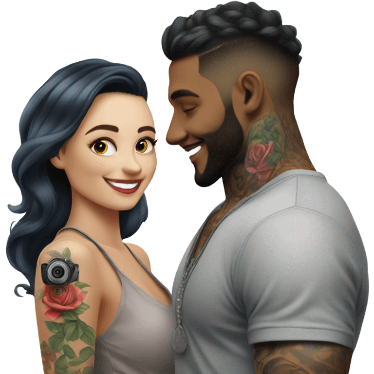 Photo Female model smiling at a very handsome tattooed man taking pictures  emoji