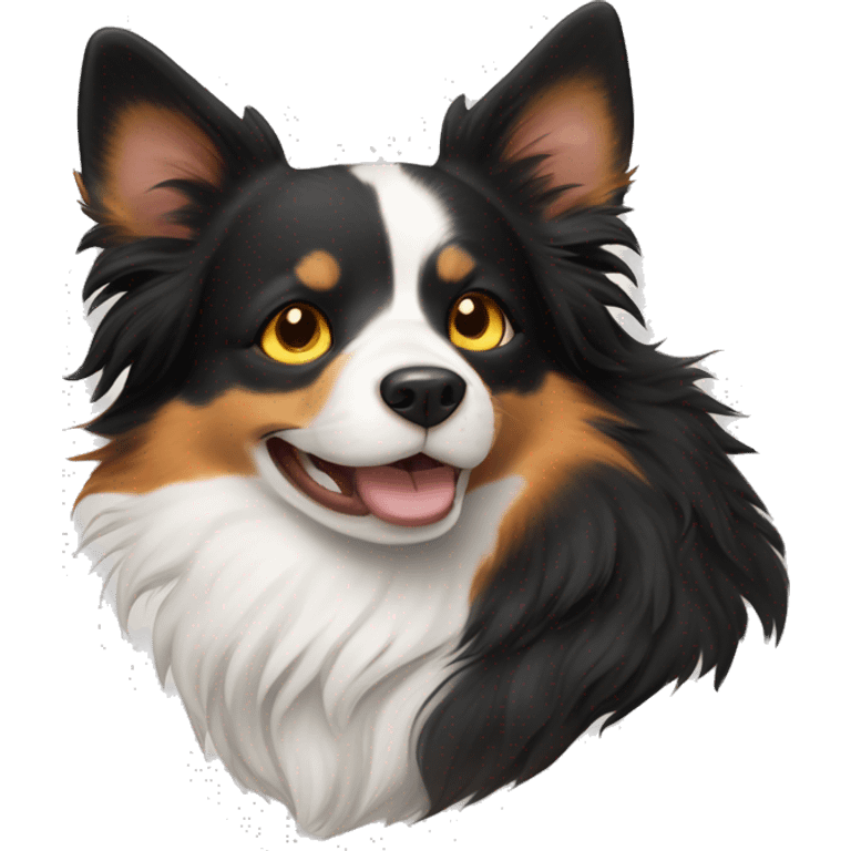 Calico cat (black, orange and white) with yellow eyes next to a border collie (black and white) with brown eyes - bust only and have the border collie smiling  emoji