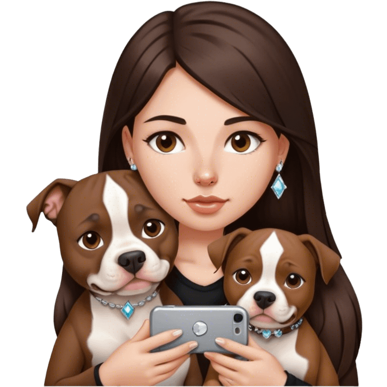 ￼ a young girl with long dark brown hair cascading down her face. It’s with her phone in her hands, sitting next to her pitbull with a small diamond nose ring in her nose. emoji