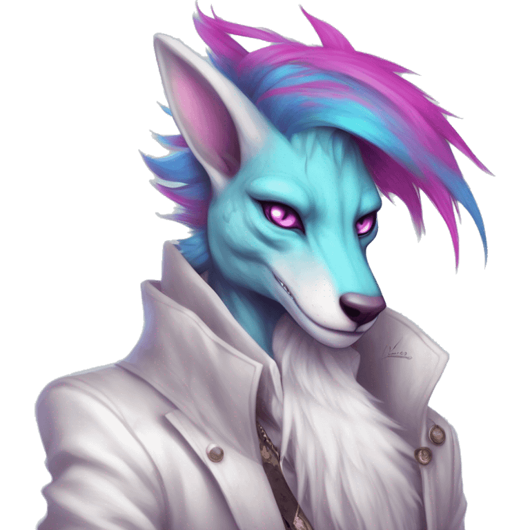 White badass elegant wild beautiful natural cute badass epic anthro modern albino sergal-vernid-creature with cyan mane and magenta eyes with cyan edgy stripes, full body, blue pretty hair, outside, modern, aesthetic, art by LiLaiRa, art by art by Falvie emoji