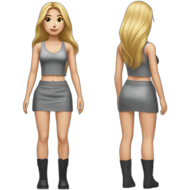 hyperrealistic caucasian blonde, long straight hair, white deep v-neck crop tanktop, gray tight mini skirt, body view emoji