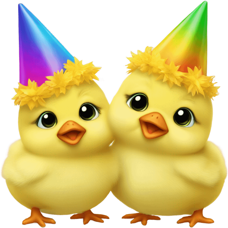 4 baby yellow chickens, wearing party hats emoji