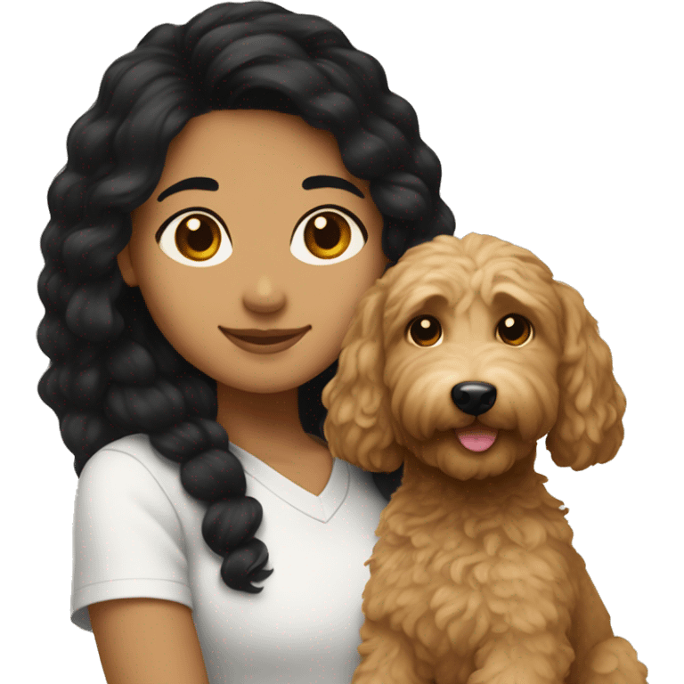 Hispanic girl with black hair holding goldendoodle emoji