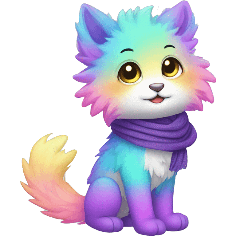 Edgy Kawaii cute cool gorgeous colorful sparkly bright light pastel gradient fantasy ethereal fluffy fursona animal creature with a cute scarf full body emoji