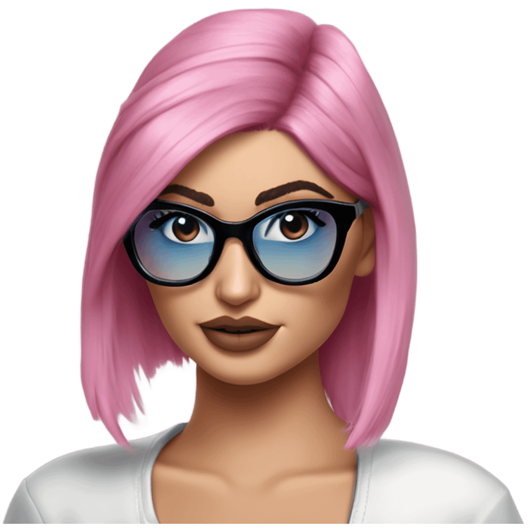 Photo Realistic kylie jenner stylish pink hair BLUE eyes and glasses posing  emoji