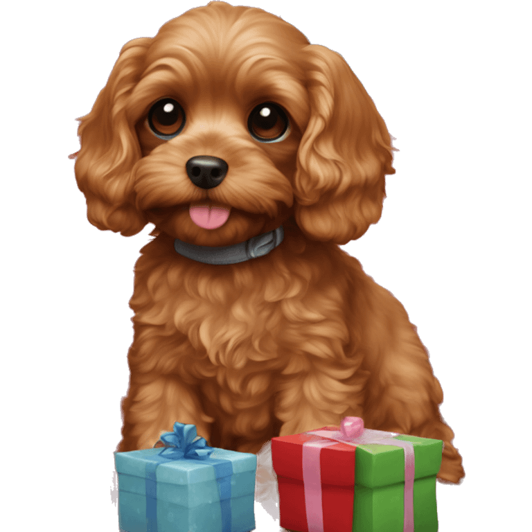 ruby red toy cavoodle surrounded by presents  emoji