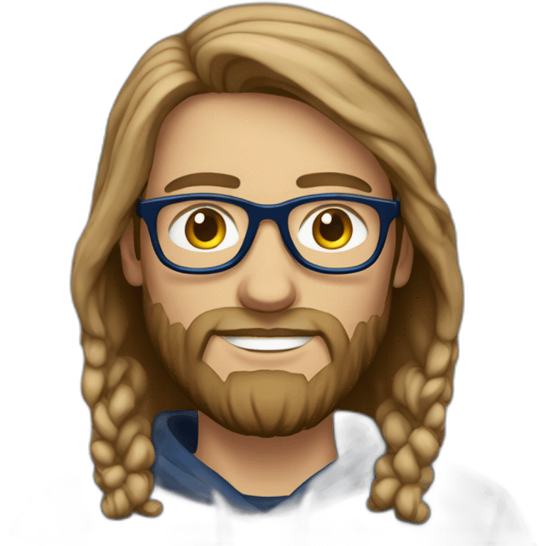 Brown hair white man with a beard and round glasses typing on apple computer wearing a dark blue nike hoodie emoji