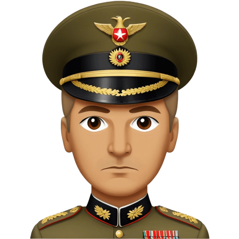 Cinematic Realistic Mustafa Kemal Atatürk Portrait Emoji, depicted as a visionary statesman with a determined gaze and period military attire, rendered with rich textures and dynamic historical lighting that captures his transformative leadership. emoji