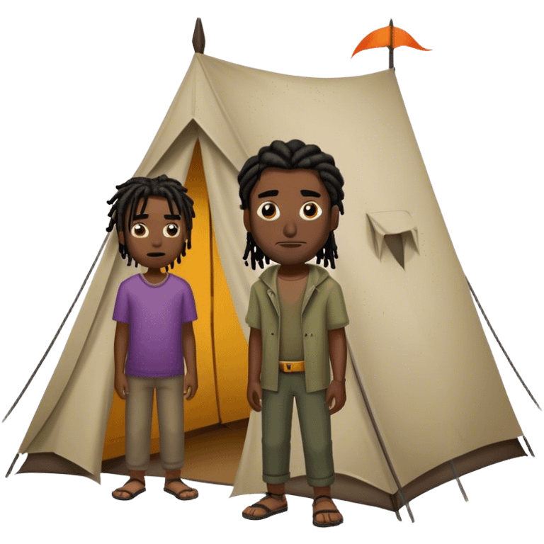 dark skinned black man with short dreads standing next to a tent looking at the tent with an evil smile on his face emoji