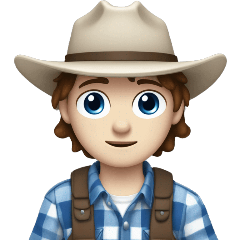 Teenager boy with freckles, white skin, blue and white flannel, hair to his shoulders and a sided fringe, white eye bandage and sheriff hat. Blue eyes and brown hair. Carl grimes  emoji