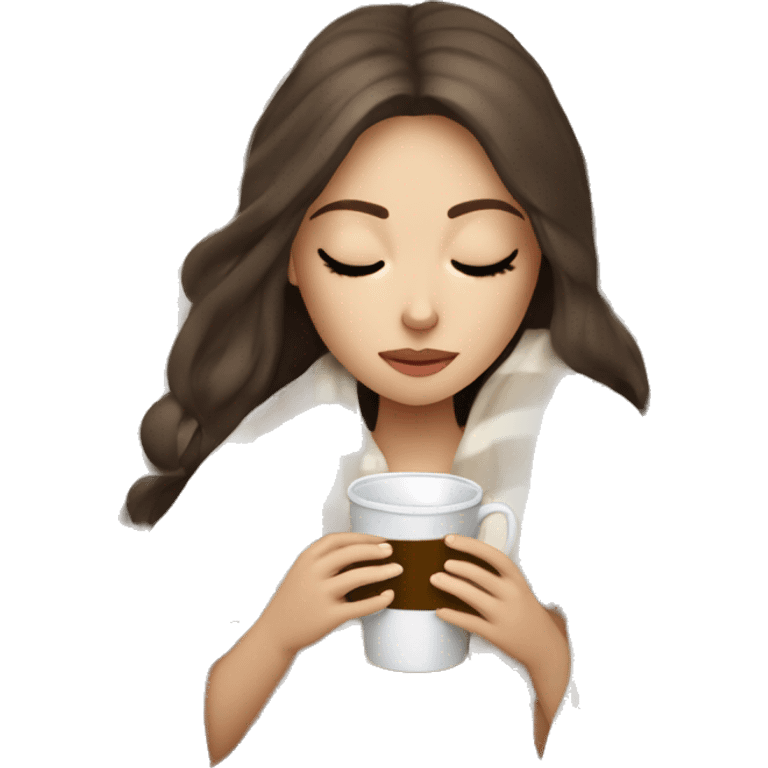 pale brunette girl inside a blanket sipping coffee eyes closed emoji