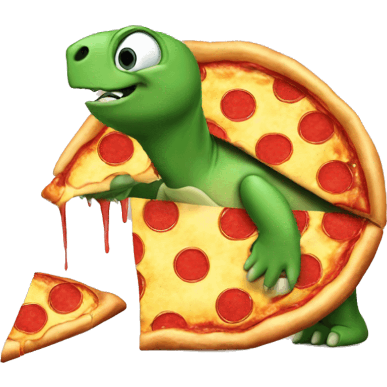 A turtle eating a giant pizza emoji