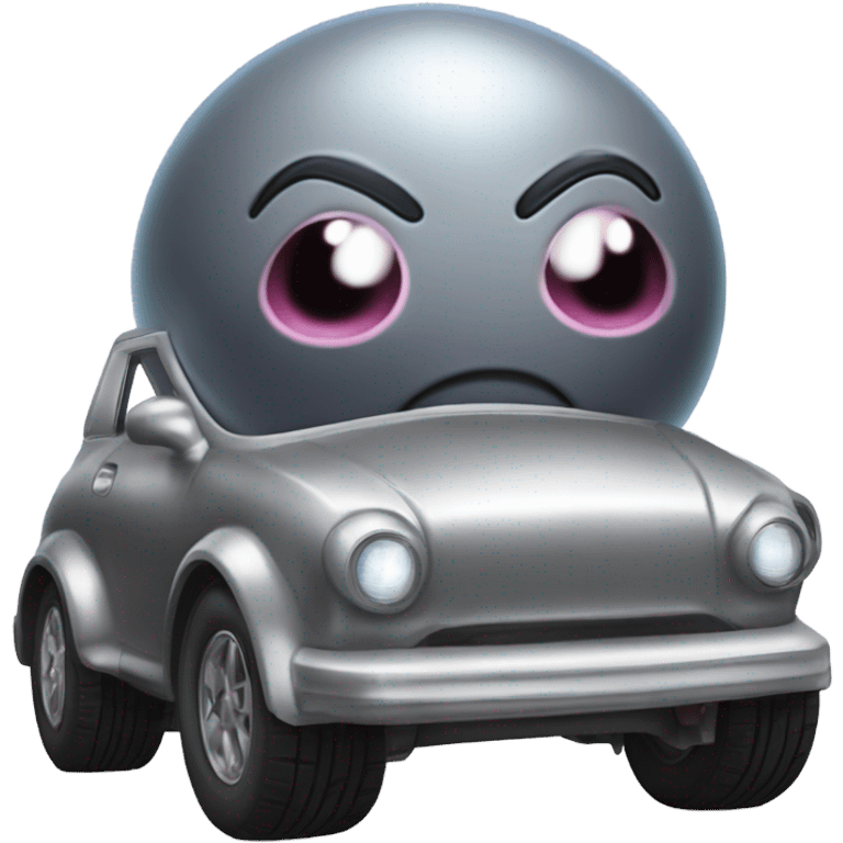 Metal cute Kirby bubble Gray ball driving on car wheels with mad eyebrows  emoji