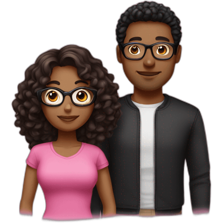 Woman with long brown hair dressed with a pink shirt and man with short and curl black  hair, glasses and a black tshirt emoji