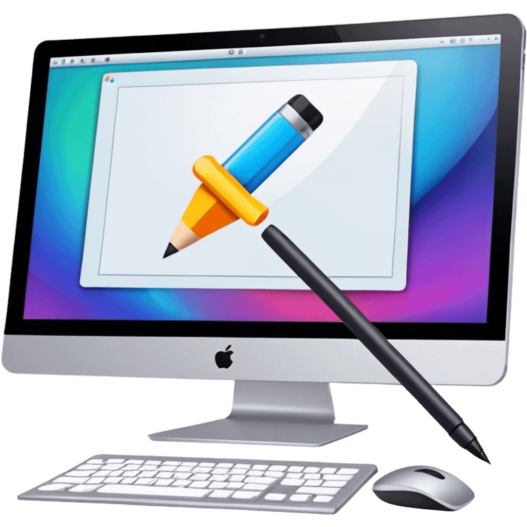 Computer graphics icon, large monitor with graphic design software open, graphic tablet, stylus, vibrant colors, minimalistic style, clean lines, transparent background. emoji