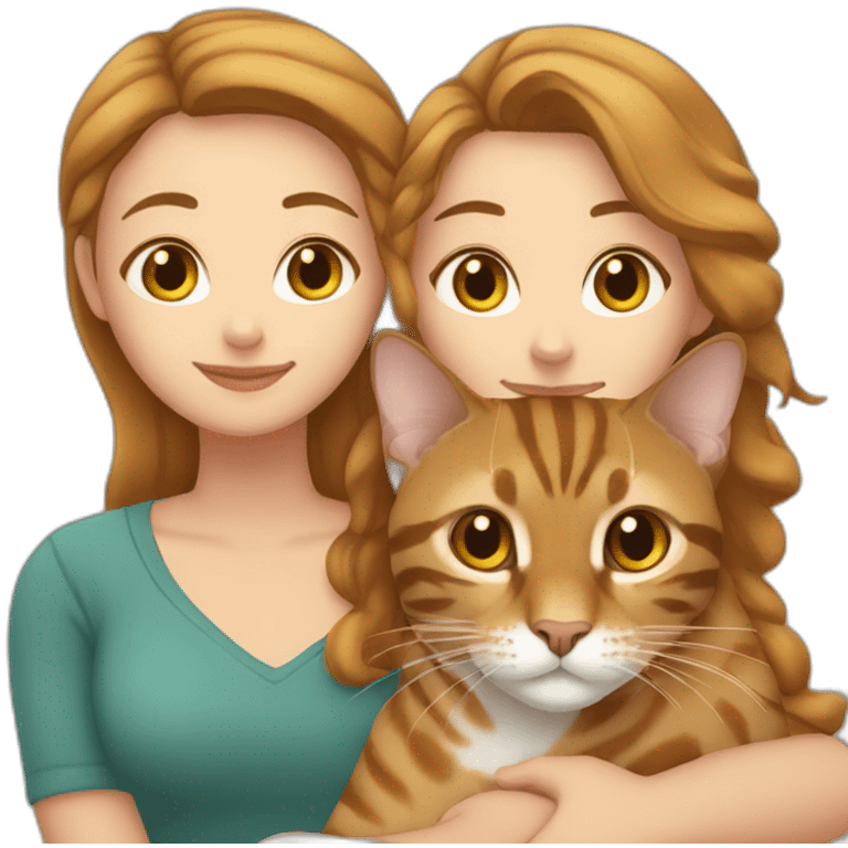 One white woman with short brown hair with a white woman with light brown shoulder long hair hugging a tabby brown bengal cat emoji