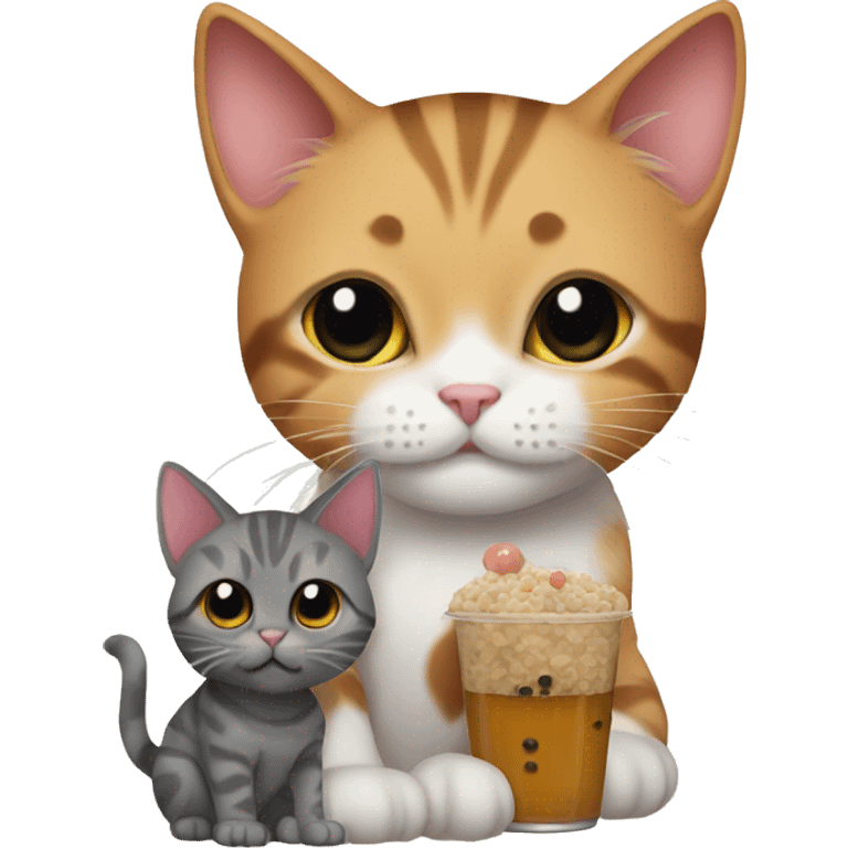 A cat with a kitten and a boba  emoji