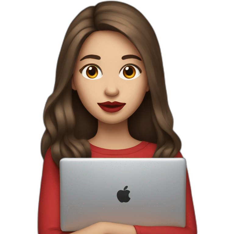 A girl with long brown hair holds a laptop Red lips emoji