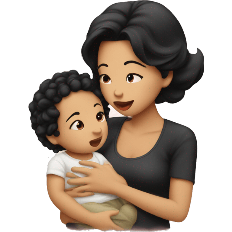 Cute Baby boy and pretty mother with black hair kissing  emoji