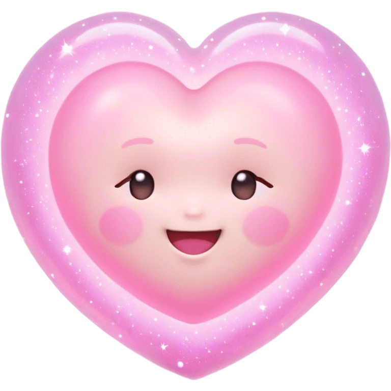 Cinematic floating soft heart, chubby round edges, pastel pink glow, tiny smiling face, surrounded by dreamy sparkles, gentle and loving. emoji