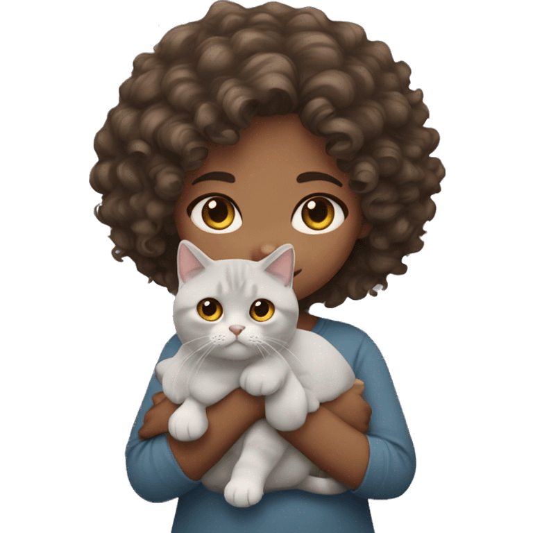 Curly hair girl with brown eyes holding british shorthair cat emoji