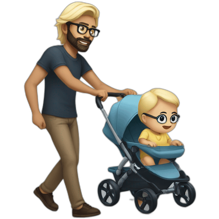 Black haired man with beard and glasses pushing buggy with blonde baby emoji