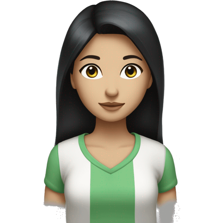 Girl, long straight black hair, big brown eyes, white skin, eyelashes, green shirt emoji