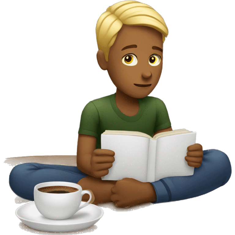 A boy reading on a coffee table with a cup of coffee next to him emoji