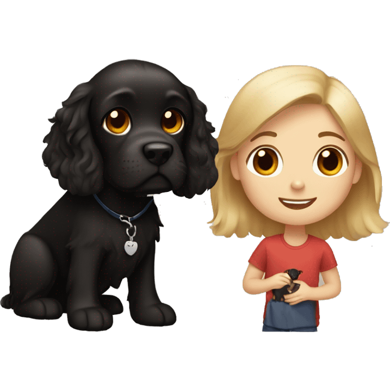 brown-haired girl and blond-haired boy with a black cocker spaniel emoji