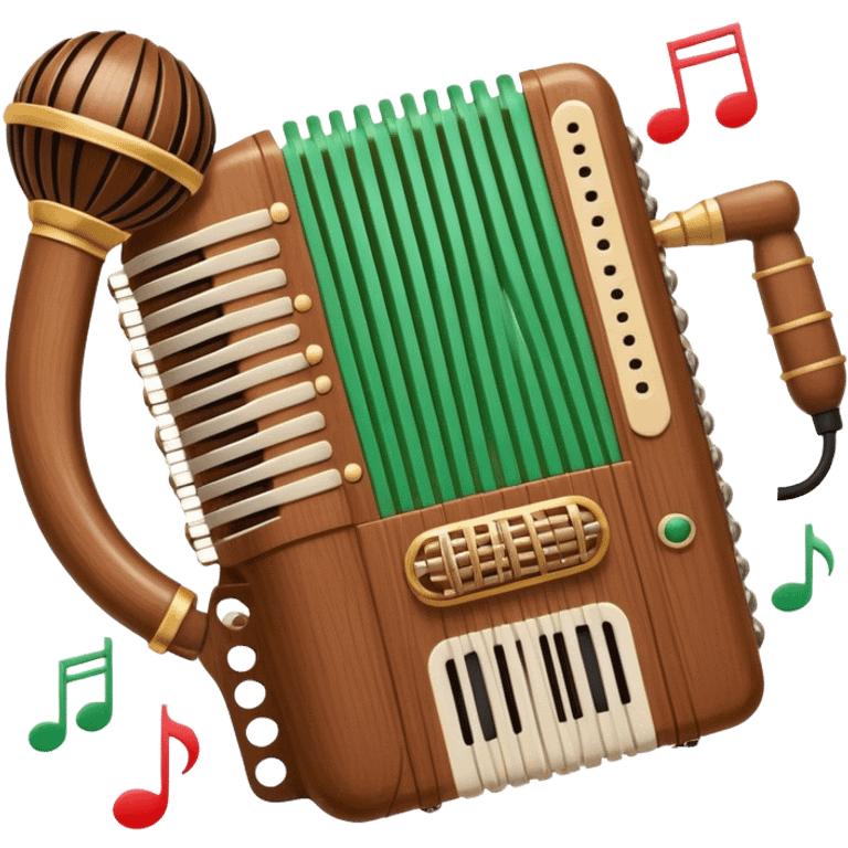 Create a warm and inviting humanless emoji representing folk singing. The design should feature a traditional microphone, perhaps with a wooden texture, symbolizing the rustic and authentic feel of folk music. Surround the microphone with subtle elements such as a hand-played tambourine, an accordion, or a balalaika to reflect the folk instruments. Add flowing musical notes to symbolize the vocal melodies. Use earthy, natural colors like browns, reds, and greens to evoke a sense of tradition, warmth, and connection to the community. The background should be transparent. emoji