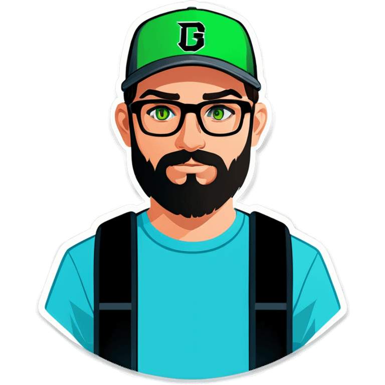 A man with a grey baseball cap, green eyes, big dark brown beard and glasses, gamers headset emoji