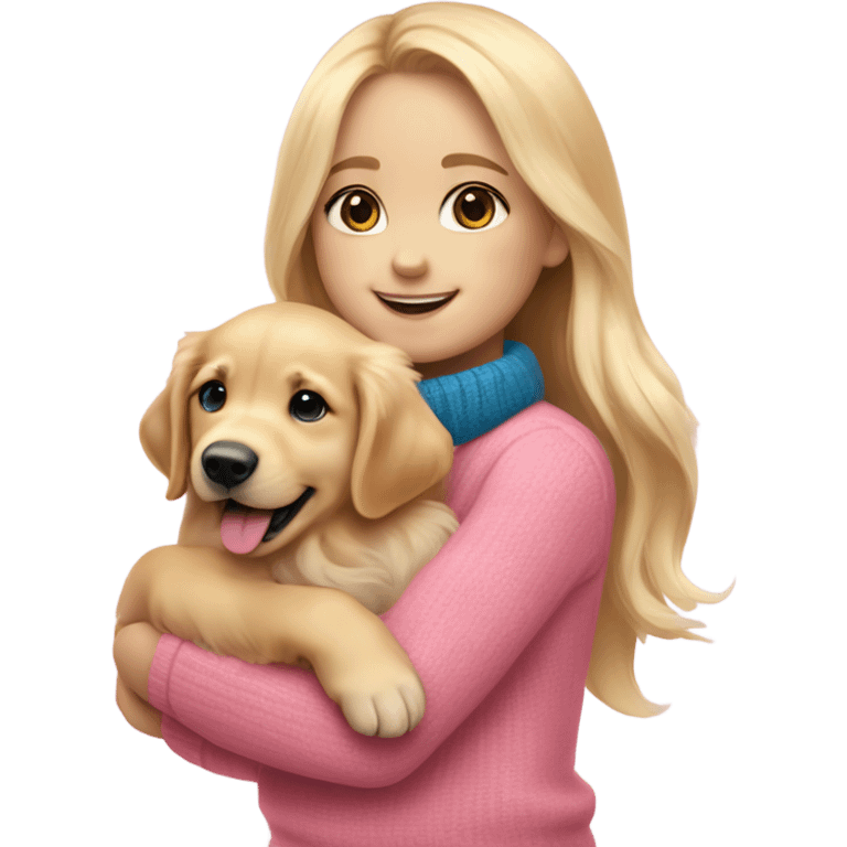 a cheerful baby golden retriever in full height on the side in the arms of a blonde girl with blue eyes in a pink sweater emoji