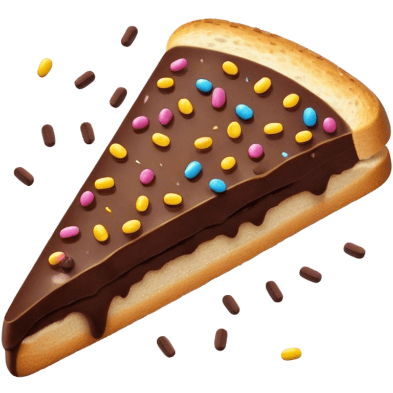 Hagelslag Cinematic Realistic Hagelslag Treat Emoji, depicted as crunchy chocolate sprinkles scattered on a slice of buttered bread, rendered with vivid textures and playful, inviting lighting. emoji