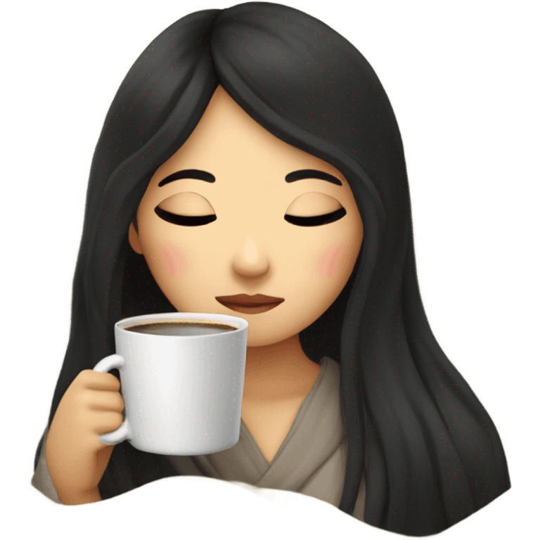 Asian girl inside a blanket sipping coffee eyes closed black hair emoji