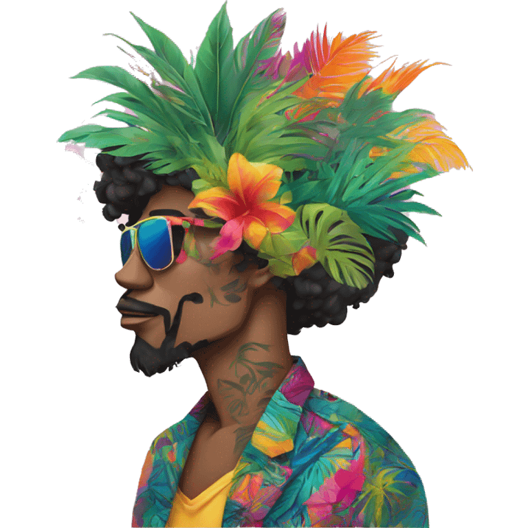 Person vaping wearing a colourful vibrant tropical patchwork of intricate vintage patterns, vape emoji