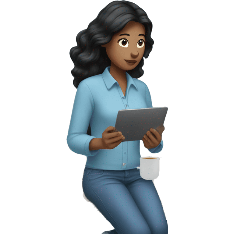 Woman working on a computer with black hair, AirPods and blue shirt emoji