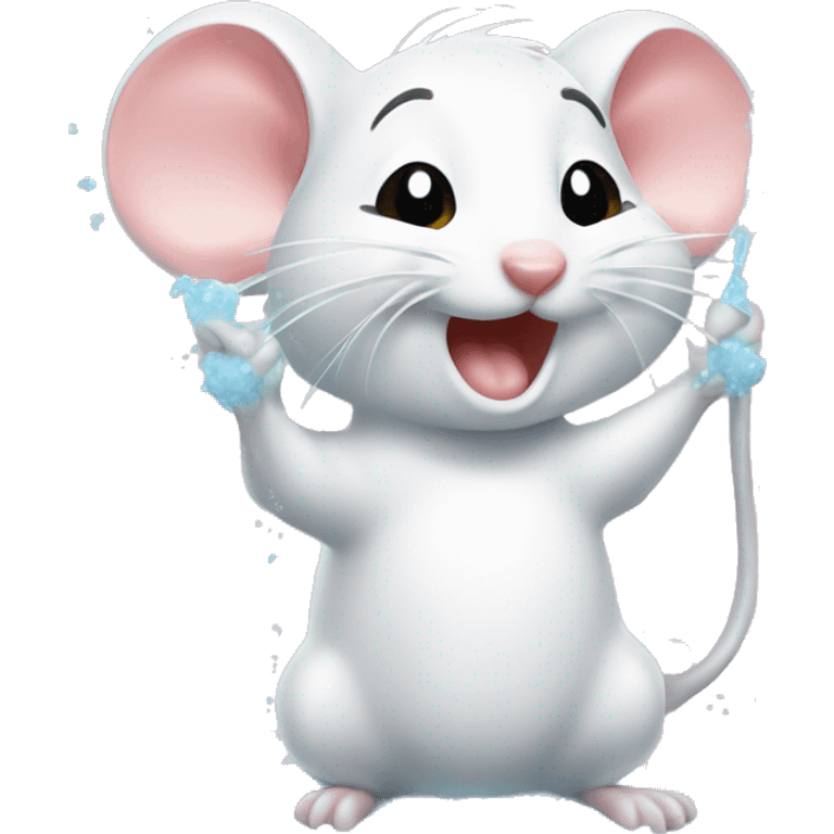 Cute white mouse scrubbing himself in a bubbly shower emoji